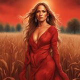 Jennifer Lopez in a sensual printed red dress standing in a cornfield 1.jpg