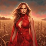 Jennifer Lopez in a sensual printed red dress standing in a cornfield 2.jpg