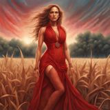 Jennifer Lopez in a sensual printed red dress standing in a cornfield 3.jpg
