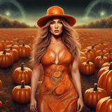 Jennifer Lopez in a sensual printed Orange dress standing in a Pumpkingfield 2.jpg