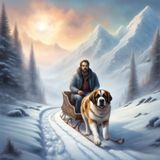 A Saint Bernard dog on a sled pulled by a man in jeans 2.jpg