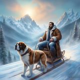 A Saint Bernard dog on a sled pulled by a man in jeans 3.jpg