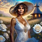 Halle Berry in a White printed sensual dress in an White Roses Field 2.jpg