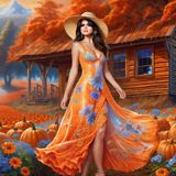 Selena Gomez in a Orange printed sensual dress in an Pumpkin field 4.jpg