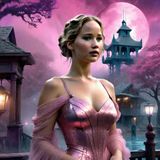 Jennifer Lawrence in a Cyberpunk Belle Epoque dress in a Mystic Cyberpunk fantasy world 5.jpg