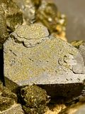 Petits cristaux de pyrite disperss sur un cristal de galne 