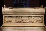 Istanbul Archaeological Museum Satrap Sarcophagus Long side Satrap about to kill a panther 4013.jpg