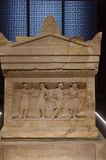 Istanbul Archaeological Museum Satrap Sarcophagus Short side Four groomes prepare for a hunt 4014.jpg