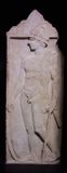 Istanbul Arch. Mus. Funerary steles of Soldier 430-420 BCE Pella (Greece) 3598c.jpg