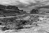 Arches National park on a rainy day in a black and white picture