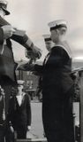 1967, 17TH APRIL - MALC MAPSTON, MYSELF AND AN UNKNOWN BOY RECEIVING A TROPHY, POSSIBLY A ROSEBOWL FOR SAILING.jpg