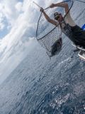 Deck hand works the net