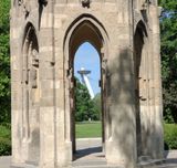 Original part of Franciscan Church Tower_now a gazebo in the Park with UFO Tower behind