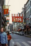 Banners displayed in historic Bruges for the reenactment of a medieval tournament, Belgium, 1974