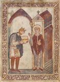Aethelstan presents a book at St Cuthberts shrine in 934. Aged pigment colour digitally restored in Aethelstans face