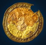 The Migration Age bracteate from Brinton, shaded to highlight component elements of the design