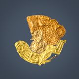 Brinton bracteate design isolating head (inferred to represent Woden) and prone figure (inferred to represent Balder)