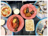 Manti, stuffed eggplant, and stuffed peppers