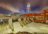 Water Tower Beyond Old Mill Dam At Night 90D62430-4