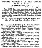 Major N E Boyt, Honor of MBE by King George VI Nov 7 1946