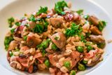 Risotto with Pancetta, Mushrooms and Peas.