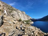 Cobblestone trail through the talus, Wapama Fall visible