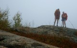 happy hikers in the morning mist