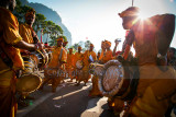 The urumi melam drums band accompany devotees on their walk