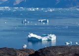 The ship blends in with the icebergs