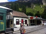 Pam near an old train in NZ