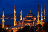Lit Blue Mosque at dusk on the Bosphorus Sultanahmet Istanbul Turkey