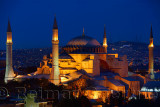 Night lights on Hagia Sophia and Sultan Selim Murat Turbesi at twilight in Istanbul Turkey