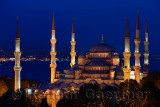 Six minarets of the Blue Mosque lit at twilight on the Bosphorus Sultanahmet Istanbul Turkey