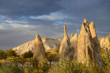 Evening sun on eroded rock spires of the Red Valley Cappadocia Turkey