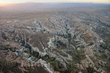 Aerial view of Rose Valley on left and Red Valley in middle heading south to Ortasihar Cappadocia Turkey