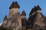 Mushroom shaped fairy chimneys with rabbit head at twilight in Pasabag Monks Valley Cappadocia Turkey