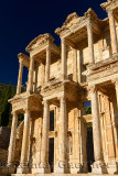 Morning sun on ornate facade of the Library and Mausoleum of Celsus at ancient city of Ephesus Turkey