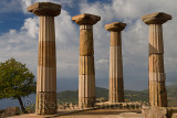 Quince tree and Doric column ruins of the temple of Athena over the Aegean Sea coast at Assos Behramkale Turkey