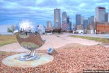 Waiting for a Train sculpture and Dallas Skyline