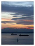 Ships at Anchor as the Sun Sets Over Elliot Bay and the Olympic Mountains