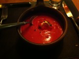 Beet soup (borscht) with a dollop of chili ice cream