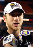 Iowa QB Ricky Stanzi talks to the press after the Hawkeyes win in the Orange Bowl