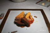 Kagoshima beef tenderloin with polenta and white asparagus served on a sweet and sour sauce of San Marzano tometoes