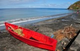 15 Red boat, black sand, blue water 1596