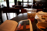 soup, lemonade, bagel & book