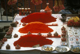 Holi powder at a Hindu temple near the sacred Ganges, Allahabad