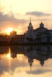 The church in el Rocio at Sunrise with the marsh