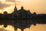 The church in el Rocio at Sunrise with the marsh