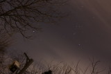 Orion, trees, clouds, bird house