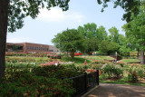THE TYLER TEXAS ROSE GARDENS EXPOSITION HALL IS IN THE BACKGROUND AND IS A POPULAR LOCATION FOR WEDDINGS AND RECEPTIONS